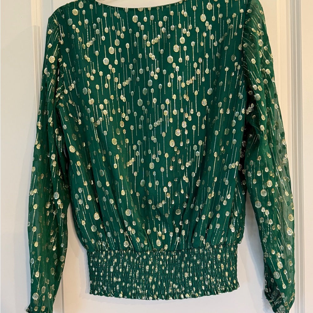 NWOT Sail to Sable Green and Gold Patterned Sparkle Blouse - Picture 2 of 4
